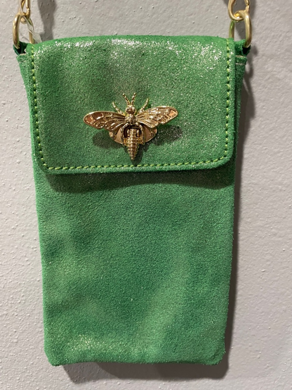Green Italian Crossbody Bag with Gold Bee Accent